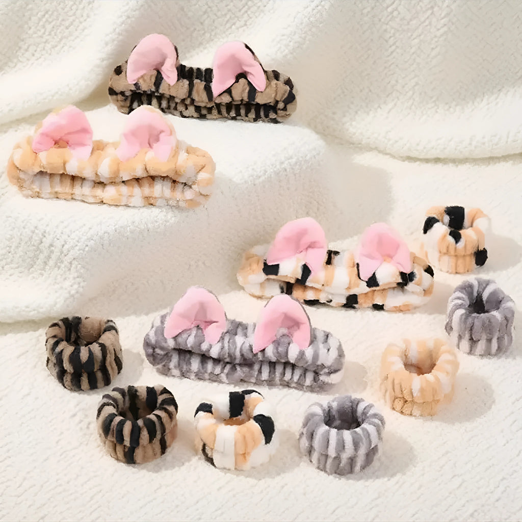 Cat ears plaid cloth face washing hair band set with three pieces and four colour options