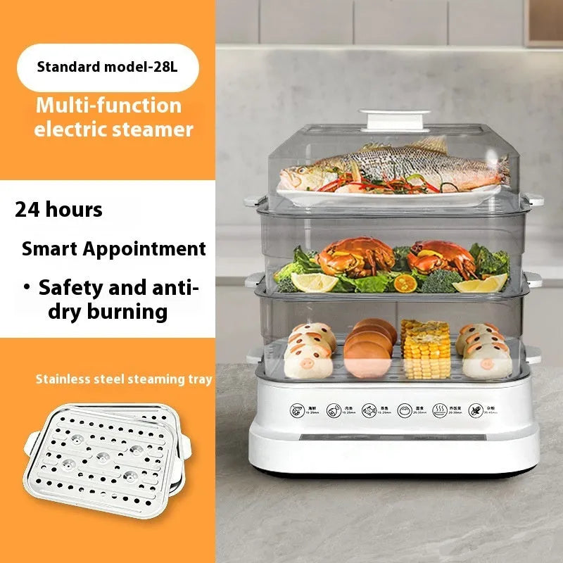 28 litre capacity electric kitchen steamer with stainless steel rack and automatic measuring function