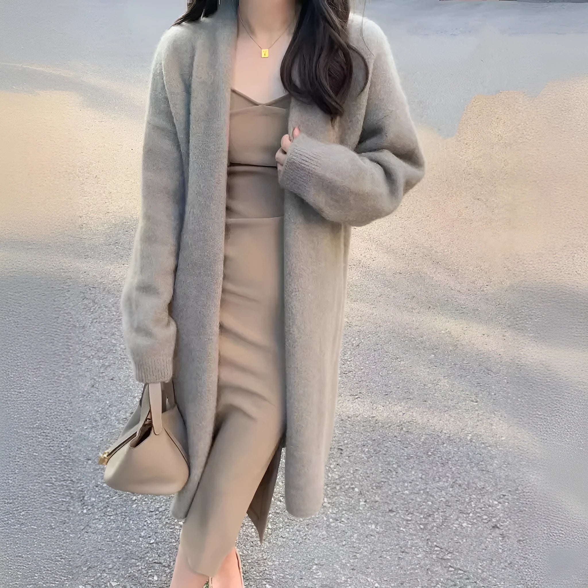 Women's loose fit knitted cardigan in khaki, showing V-neck and long sleeves.