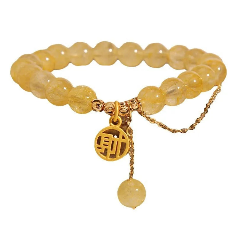 Citrine Chinese character bracelet with tassel detailing showing Caizi and Fu design options
