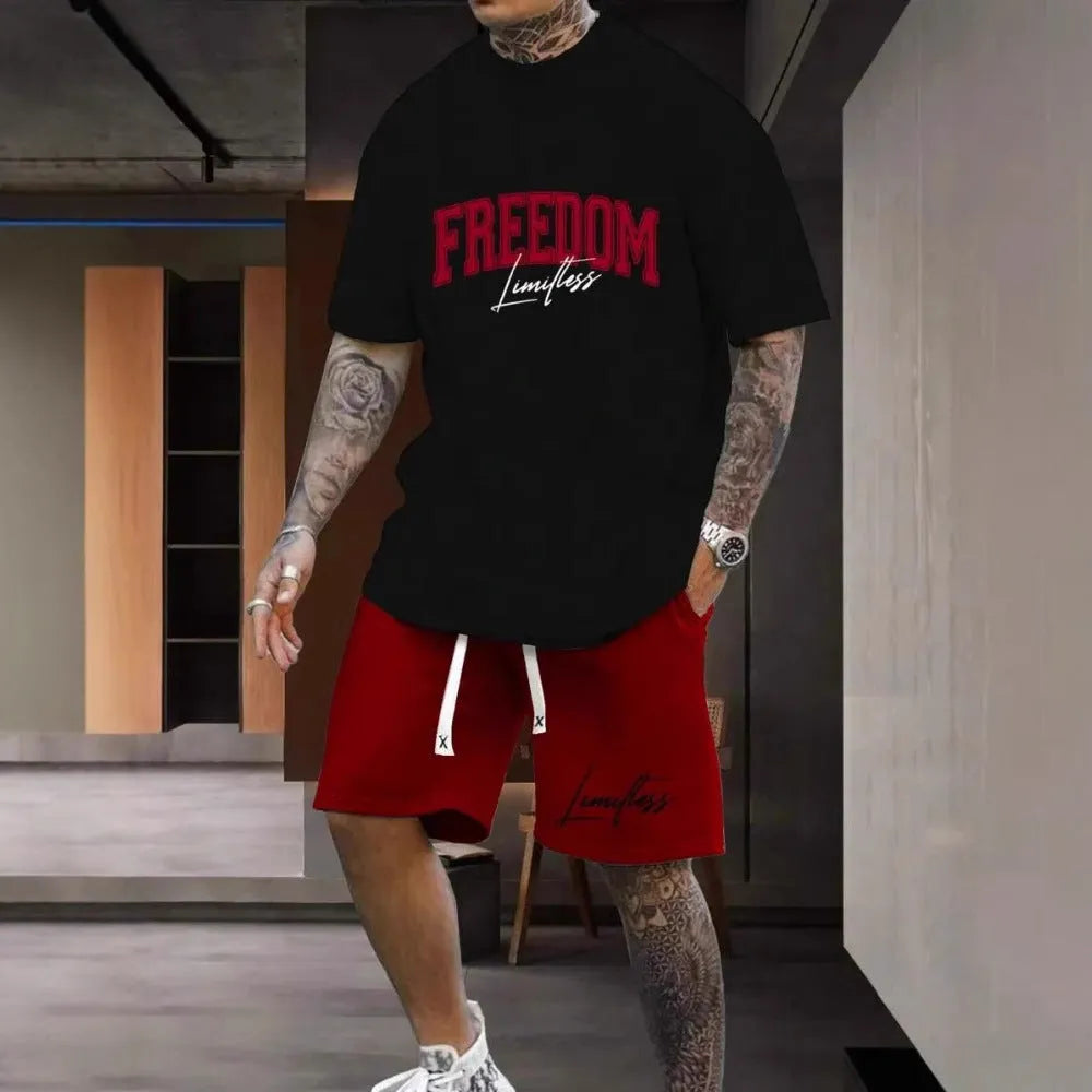 Men's 3D printed polyester suit set showing short sleeve top and shorts trousers in one of five available colours