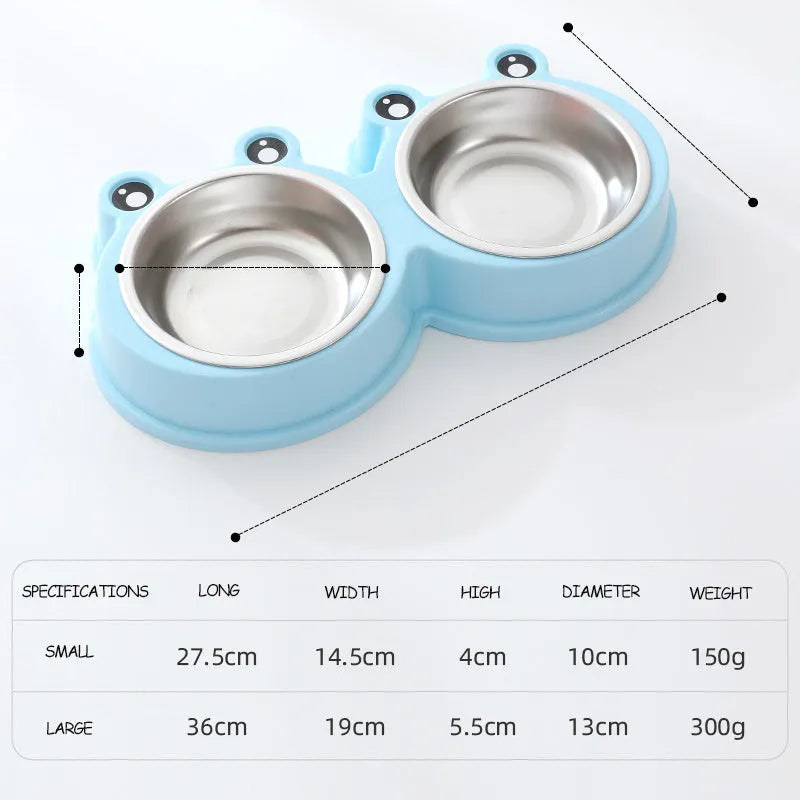 Stainless steel double pet bowl for food and water with a non-slip base and frog design, in blue colour.
