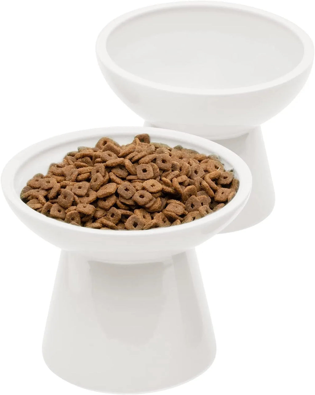 Ceramic elevated cat food bowl in blue colour with wide shallow design and raised base