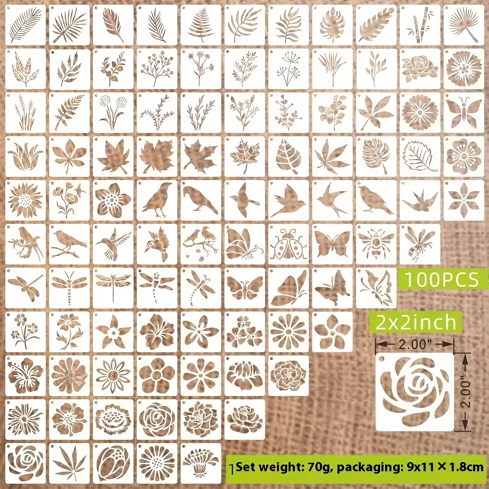 700 piece hollow spray painting stencil set showing animals, ocean, Hawaii, letter, and floral designs on milky white PET film
