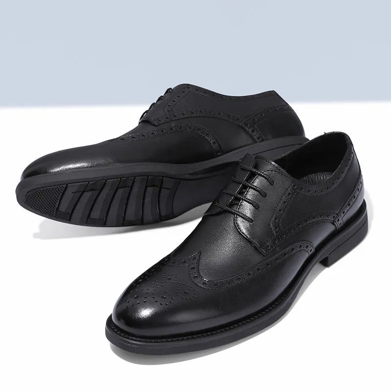 Men's black and brown brogue business shoes with traditional detailing and PU leather construction