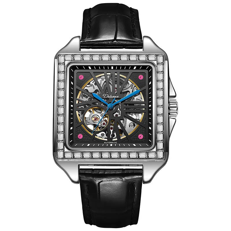 Men's square-faced automatic watch with diamond studs on a stainless steel bracelet.