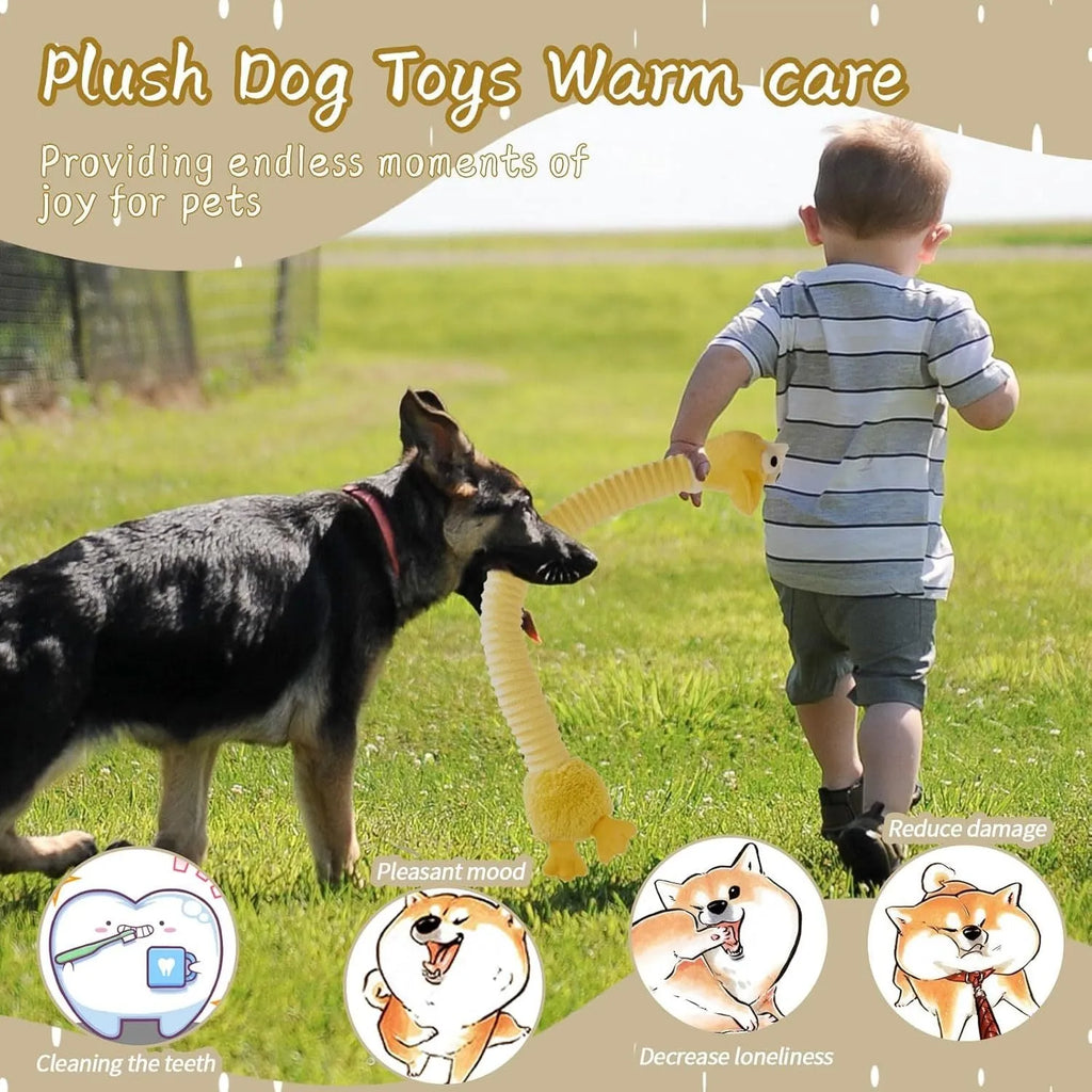 Brown, grey, and yellow foldable plush dog toy with squeaker and crinkle material.