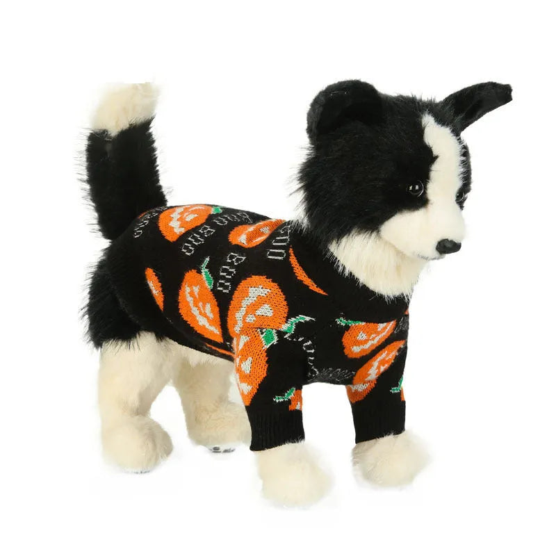 Black dog sweater with orange pumpkin pattern for Halloween pet costume