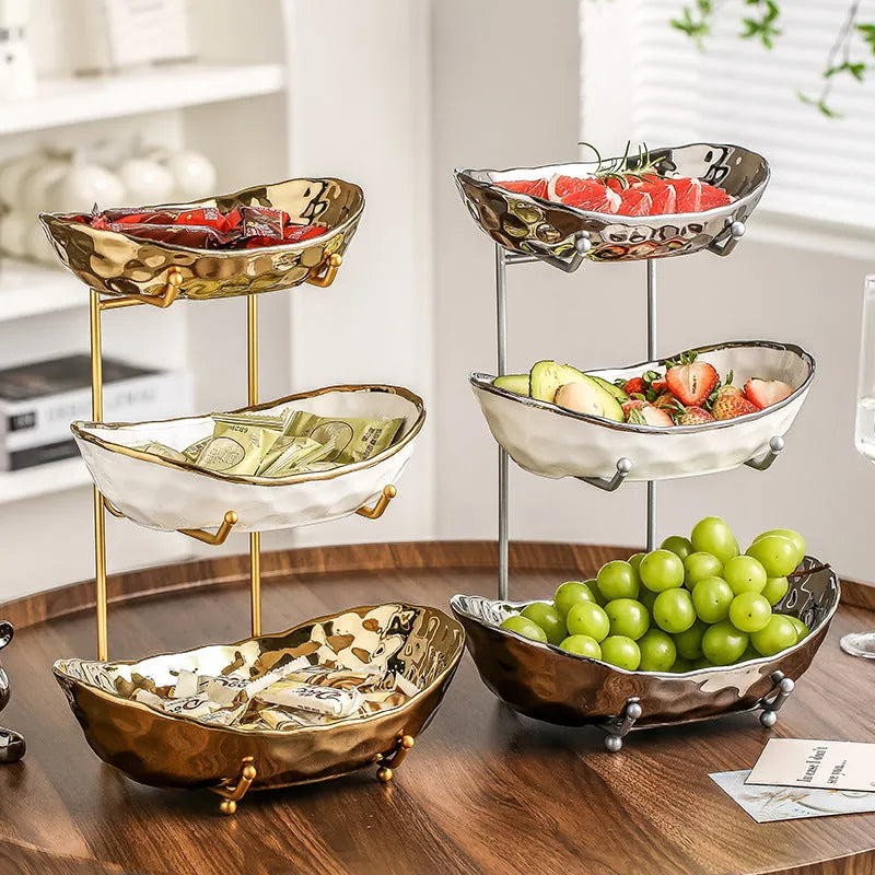 Multi-layer porcelain fruit tray with gold or silver electroplated stone texture frame