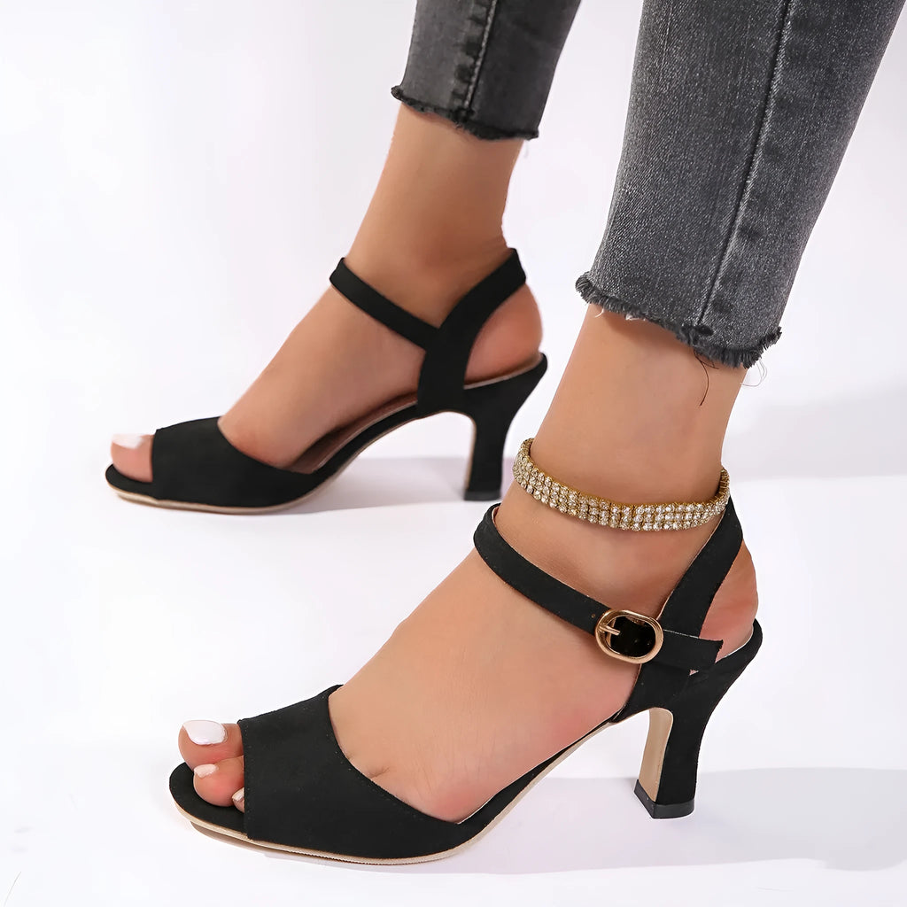 Women's high heel sandals with single buckle in suede and composite material, black upgraded version, sizes 35-43