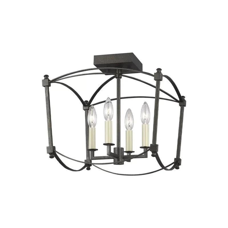 Simple Villa four-head droplight ceiling chandelier in black iron or gold foil finish, 35cm wide.
