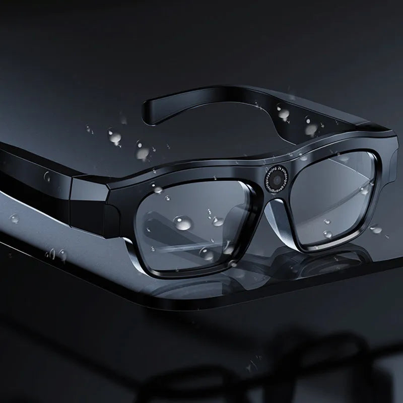 Black smart Bluetooth glasses with video recording capability and transparent lenses