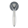 Grey self-cleaning slicker brush for grooming cats and dogs, showing the one-touch button and soft bristles.