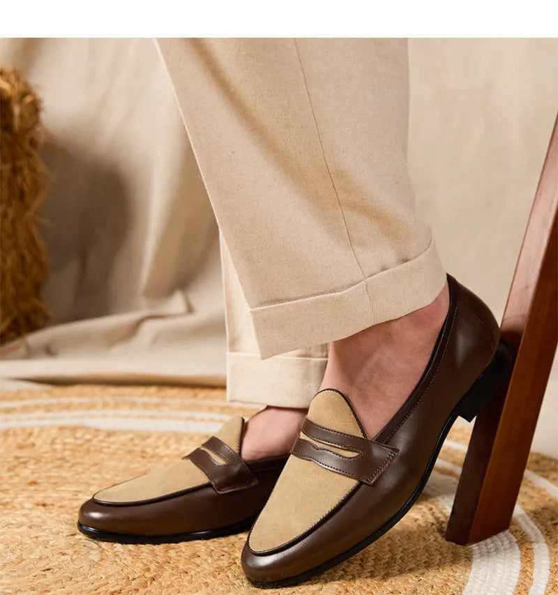 Coffee grey suede leather Belgian loafers with one-foot kick design and rubber sole
