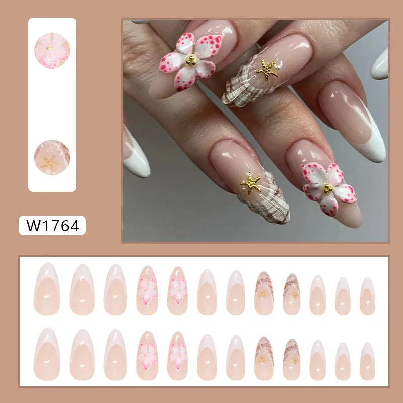French style fake nails with floral pattern W1764 Simple Flowers colour removable adhesive patches