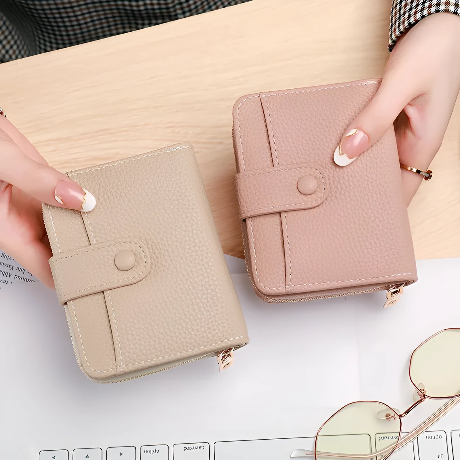 Women's short wallet with Lychee pattern organ lining in PU material showing beige colour option