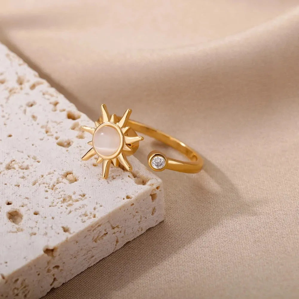 Copper decompression ring with rotatable band, adjustable opening, in gold or platinum colour