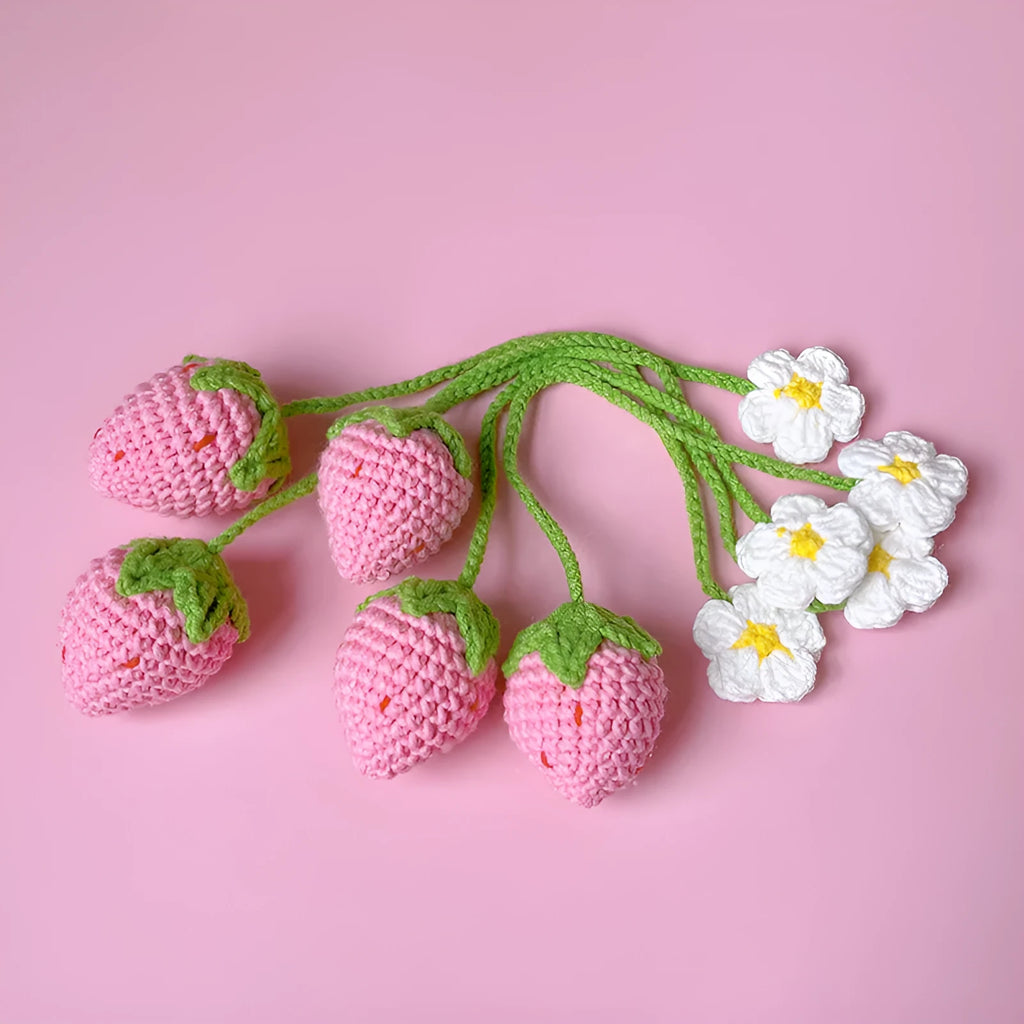 Handcrafted wool crochet strawberry pendant necklace on 35cm chain in red or pink colour options