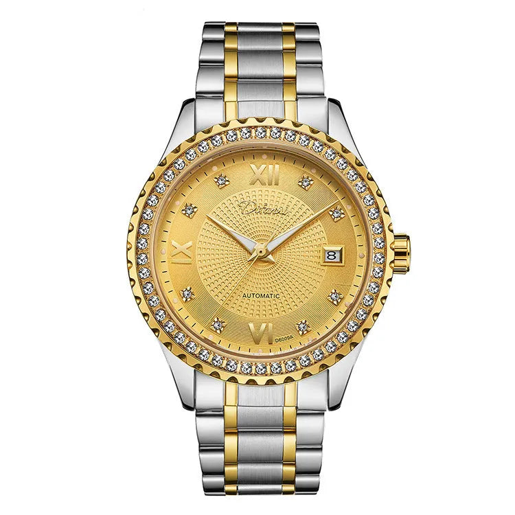 Fashionmonger men's gold and silver automatic mechanical watch with luminous hands on white and black dial.
