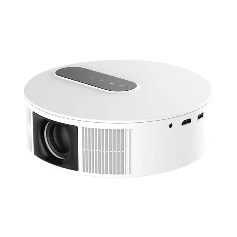 White HD home cinema projector with remote control on table showing 720p resolution specification