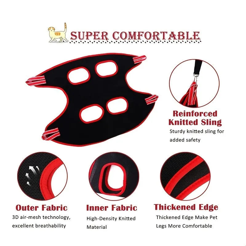 Pet grooming hammock restraint bag hanging from a hook, shown in multiple sizes for cats and dogs.