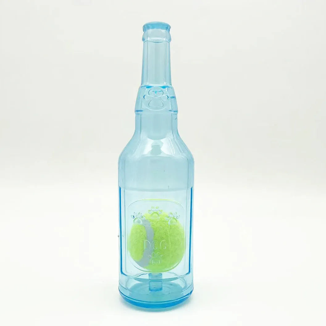 Blue natural rubber water bottle cruncher dog toy with squeaker for aggressive chewers