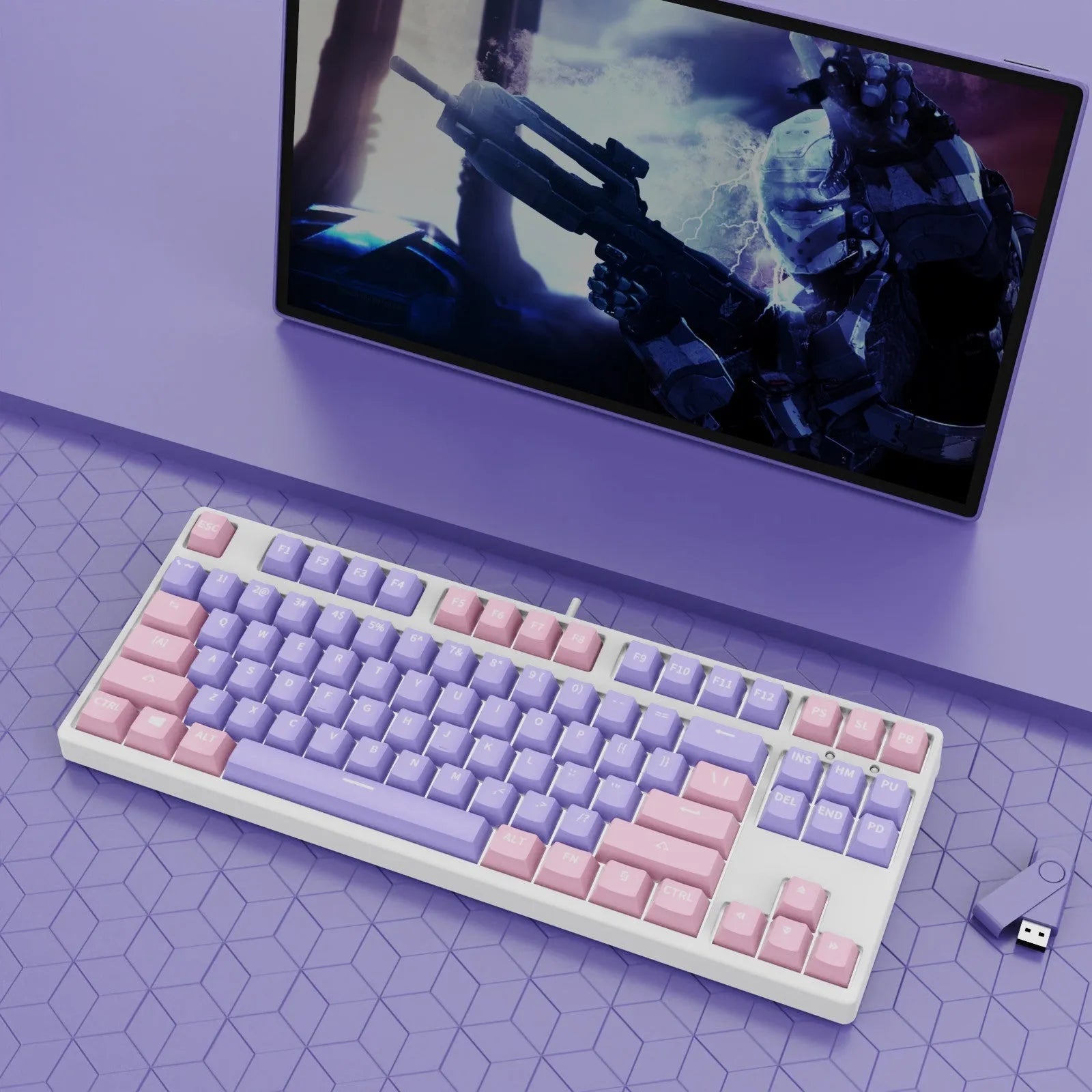 87-key wired mechanical keyboard with two-tone keycaps, shown with switch puller and cleaning brush