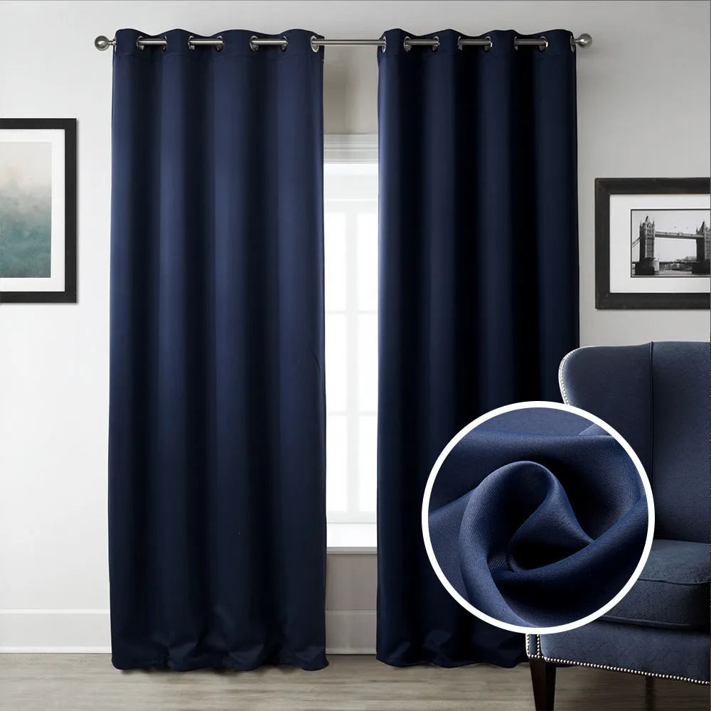 Dark navy blue modern blackout curtain made from shading cloth, hanging as a finished vertical panel.