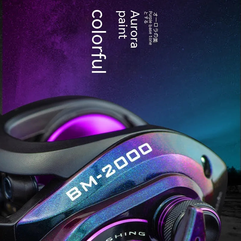 BM2000 fishing reel with colourful finish and magnetic brake system, shown in left-hand and right-hand model options.