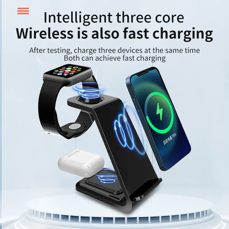 White 3-in-1 upright mobile phone stand with dual-coil wireless charger on a desk.