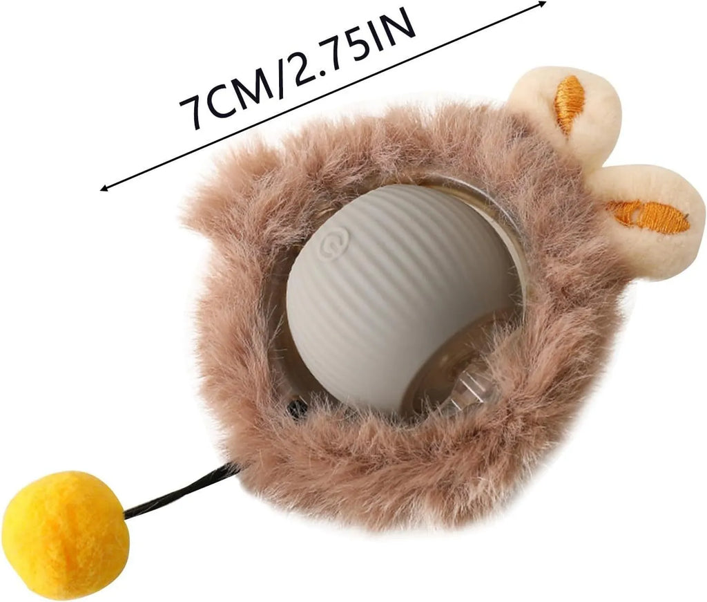 Grey green and red automatic rotating rolling ball pet toy with string for dogs and cats.