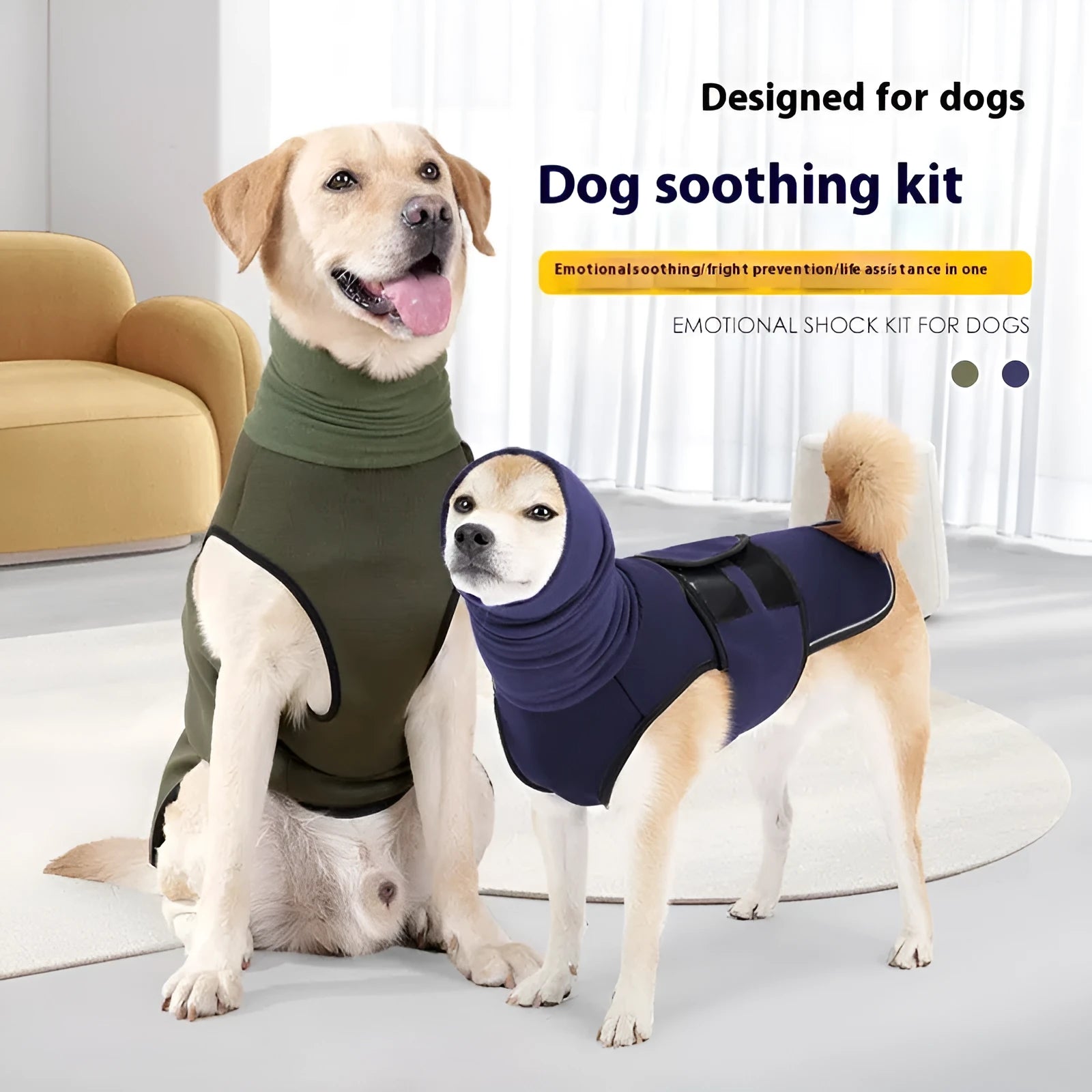 Dog wearing army green anti-anxiety jacket for calming pressure during stressful situations