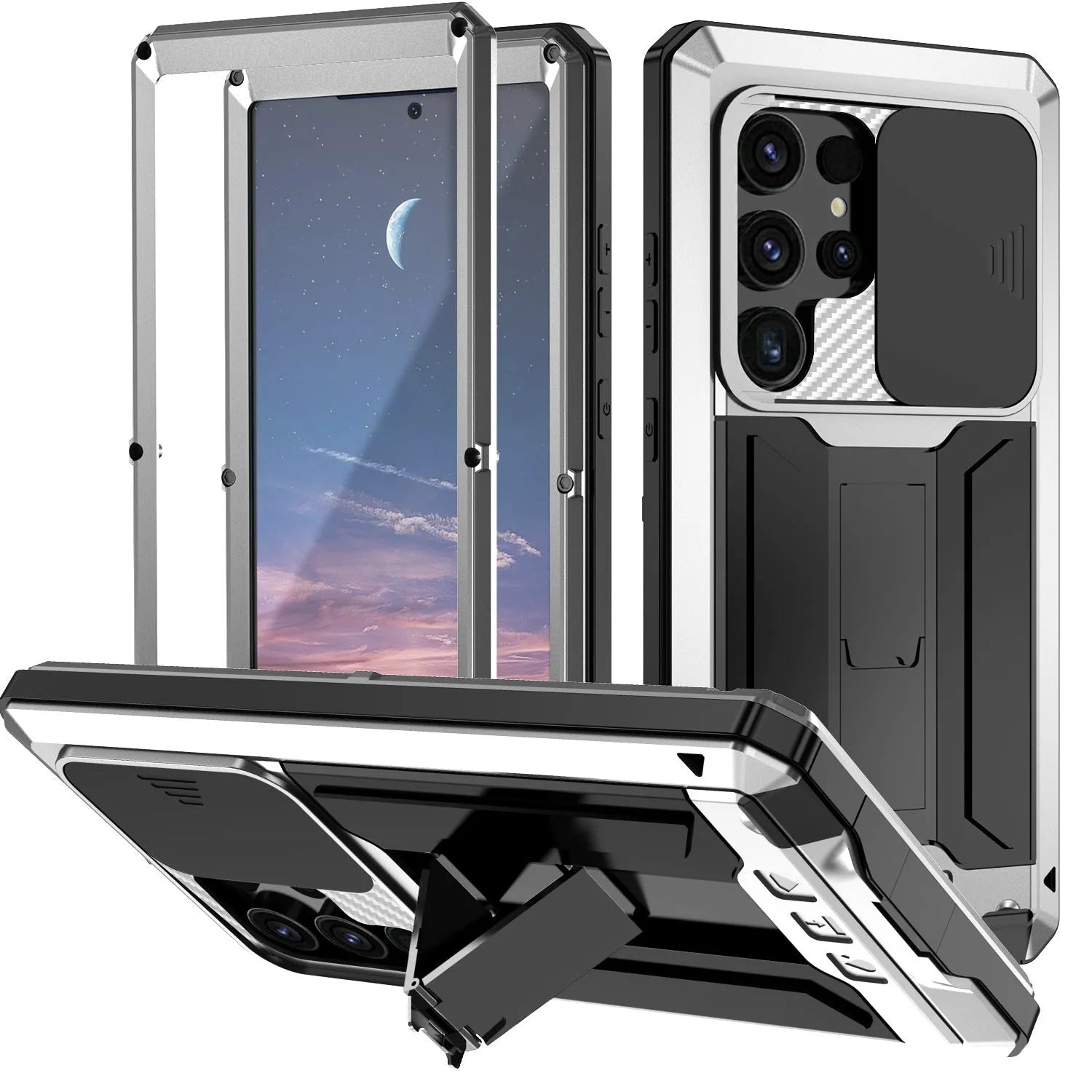 Metal phone case with invisible bracket for Samsung S25 Ultra in black showing rear camera cutout