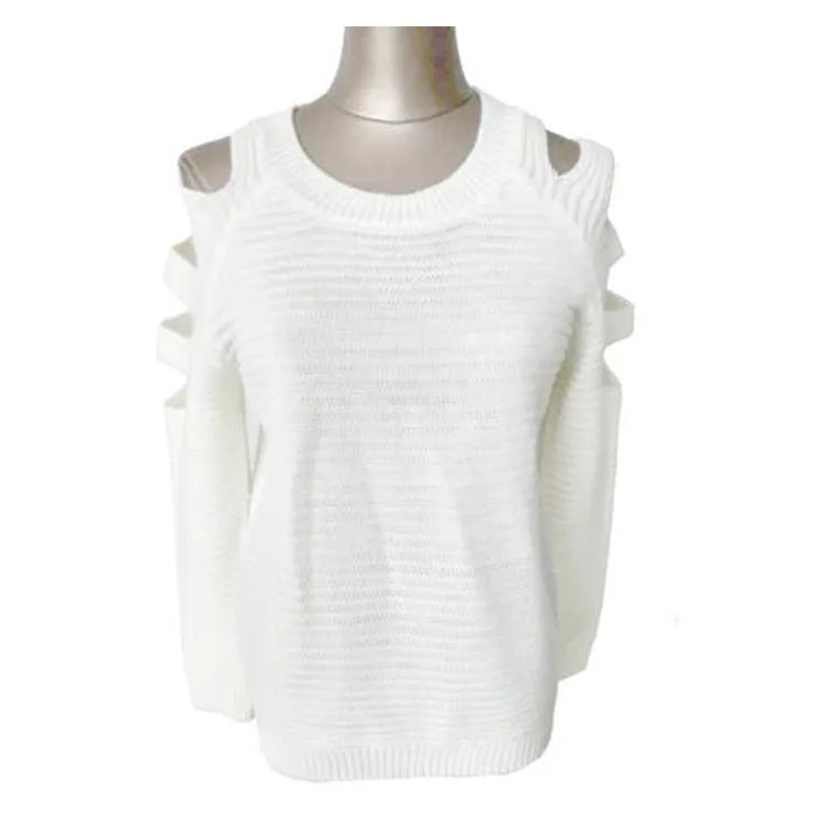 White women's knitted long sleeve shirt with hollow-out crochet detail on a hanger.