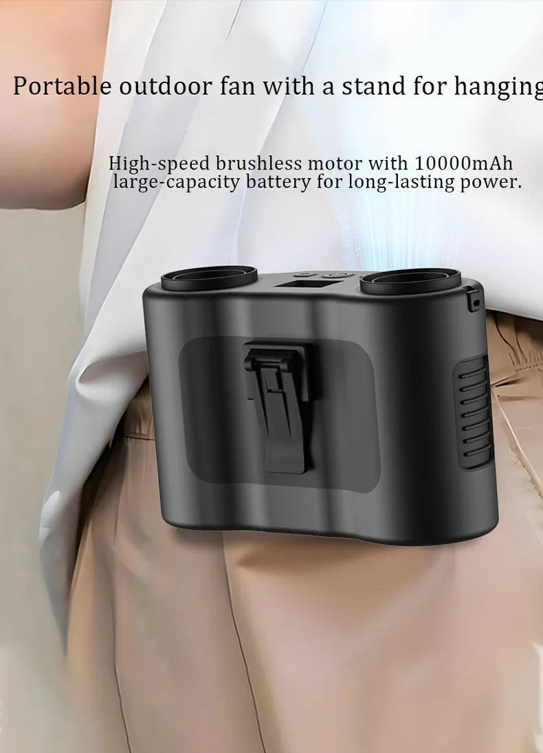 Black waist-hung portable fan with lanyard, shown attached to a belt loop for hands-free cooling outdoors.