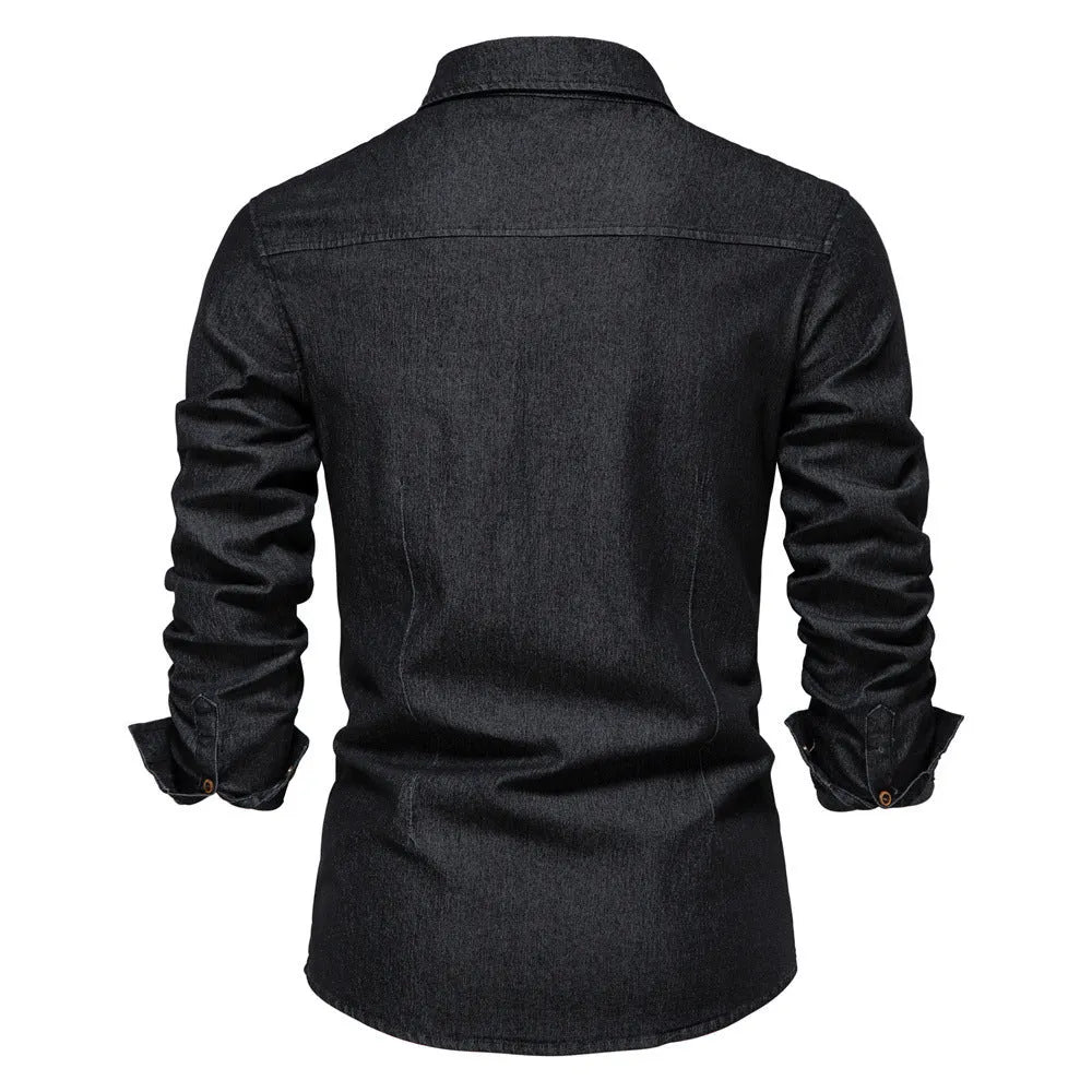 Men's slim fit cotton denim shirt in solid colour on hanger