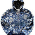 Men's loose blue hooded zip coat with long sleeves on a hanger