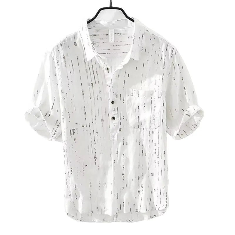 Men's loose fit black lapel polo shirt on a hanger, short sleeves, casual style.
