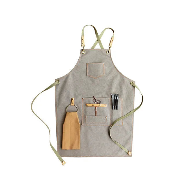 Canvas apron with cross-back straps in camel colour