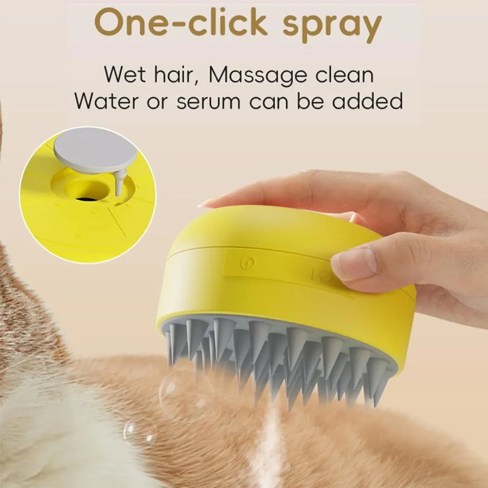 Green rechargeable cat steam brush with silicone bristles and ergonomic handle on white background