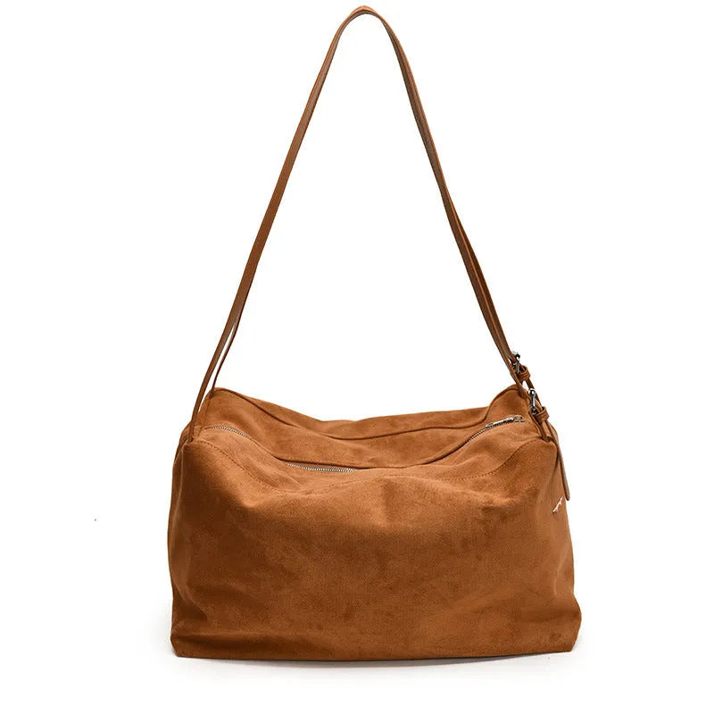 Women's large capacity suede-look PU pillow shoulder bag with outer slit pocket in black, brown, coffee, or khaki