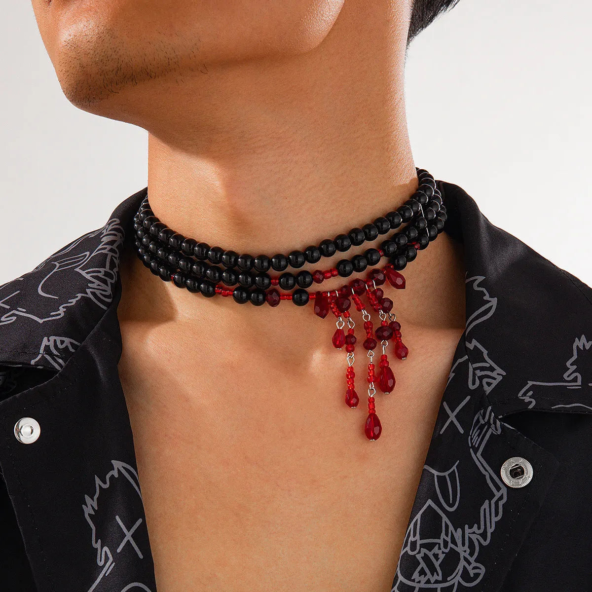 Men's Halloween necklace with blood drop crystal pendants, pearl beads, and tassel on adjustable chain