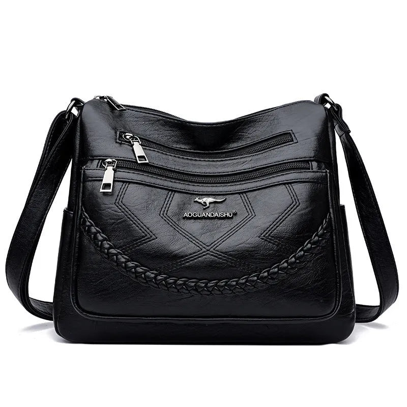 Soft PU leather women's shoulder bag in horizontal square shape with sandwich pockets