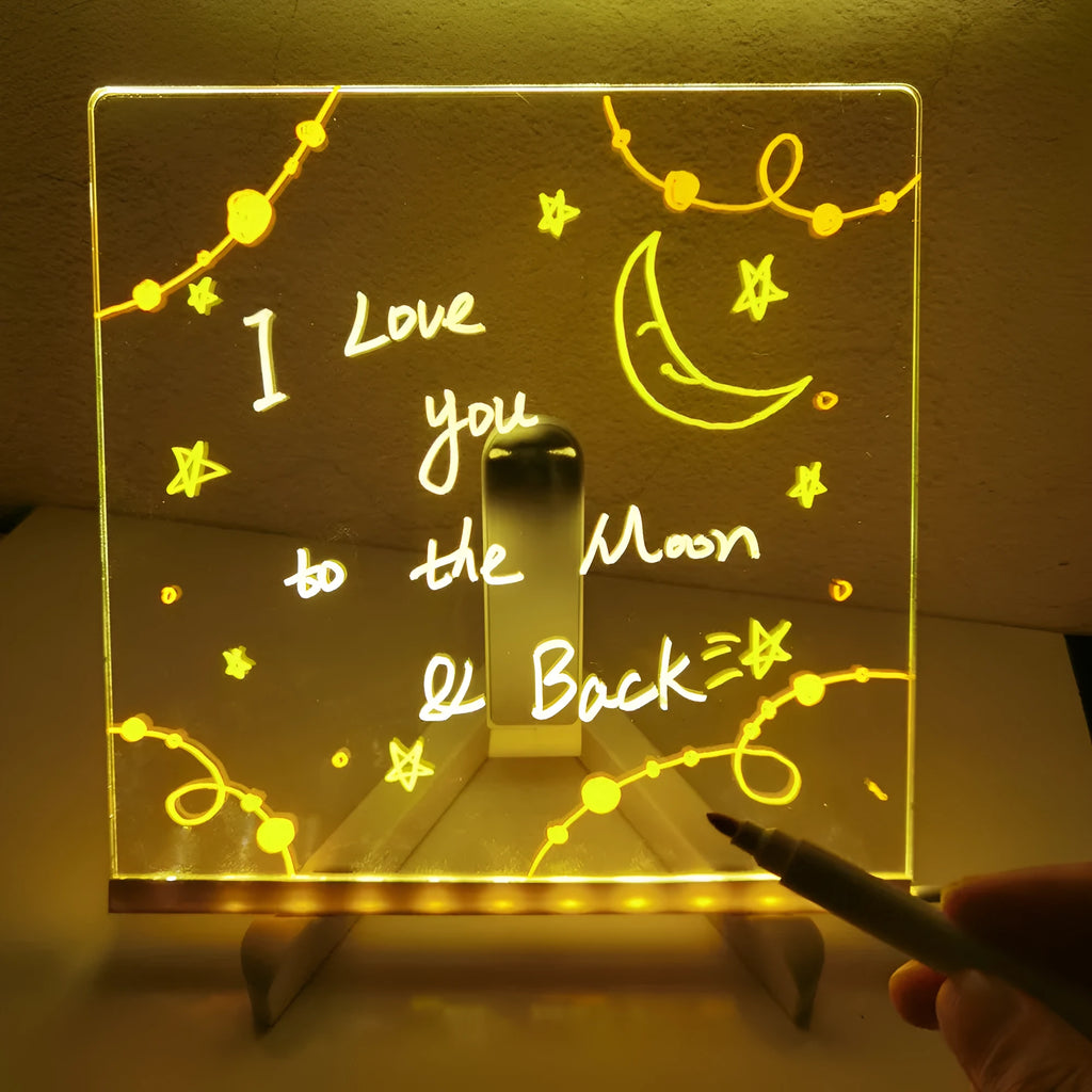 DIY transparent acrylic LED message board desk lamp with handwritten note and soft blue glow