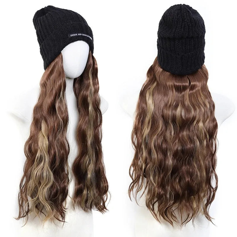 Hat wig with long curly high temperature fibre hair in multiple colour options