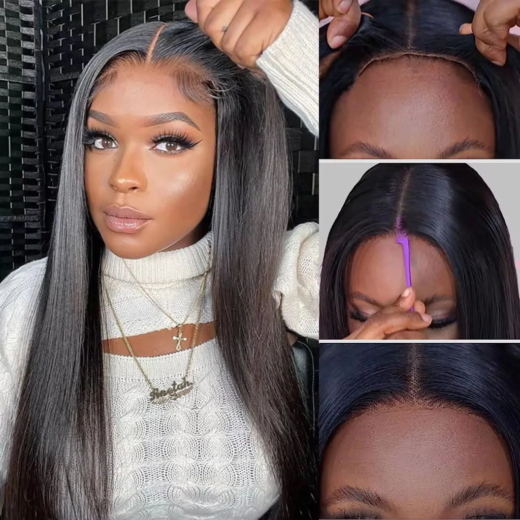 A lady wearing a long, straight, glueless human hair wig with side bangs.
