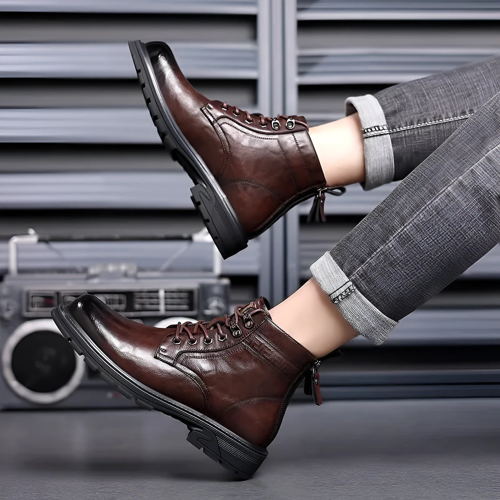 Men's black leather work ankle boots with patent finish and rubber sole for haulage motor environments