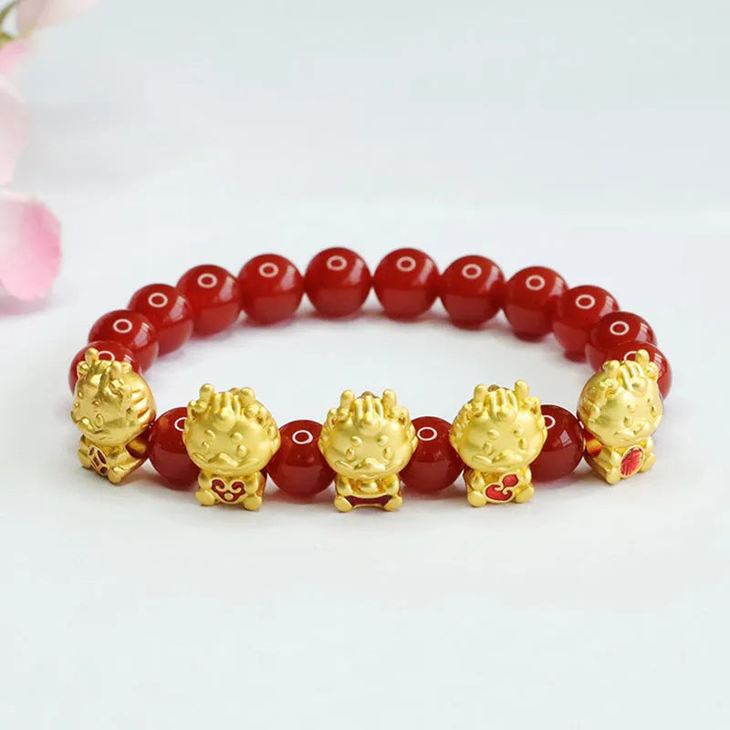 Red agate bracelet with Wufu Dragon design on 8mm beads