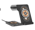 Black foldable wireless charging stand with phone, Apple Watch, and AirPods charging positions