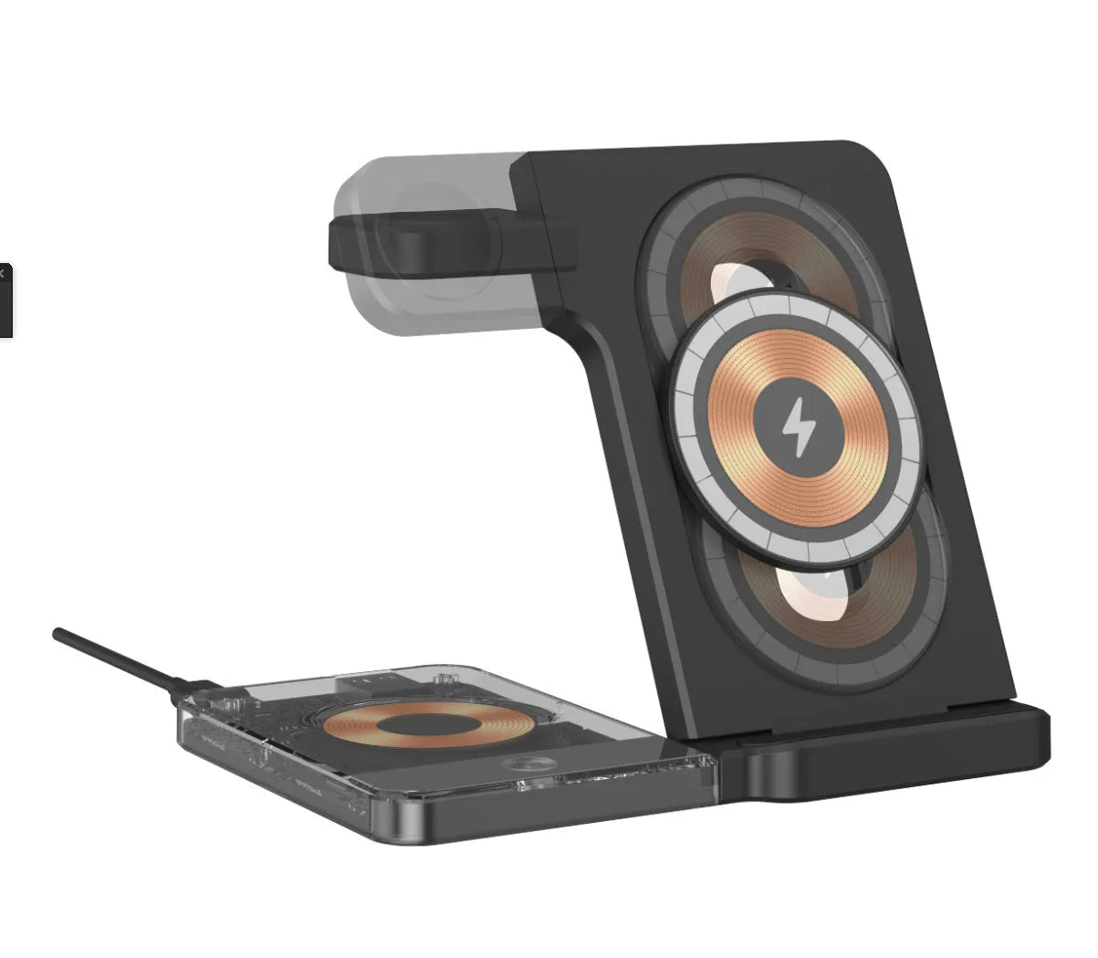Black foldable wireless charging stand with phone, Apple Watch, and AirPods charging positions